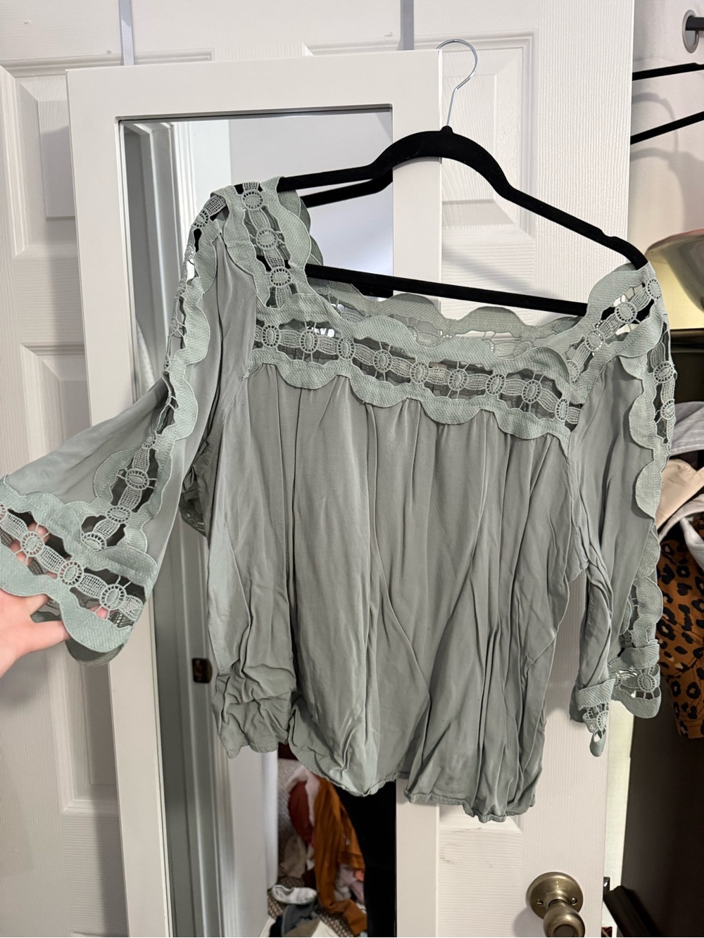 Main Strip Sage Green Crochet-Trim Off-Shoulder Blouse